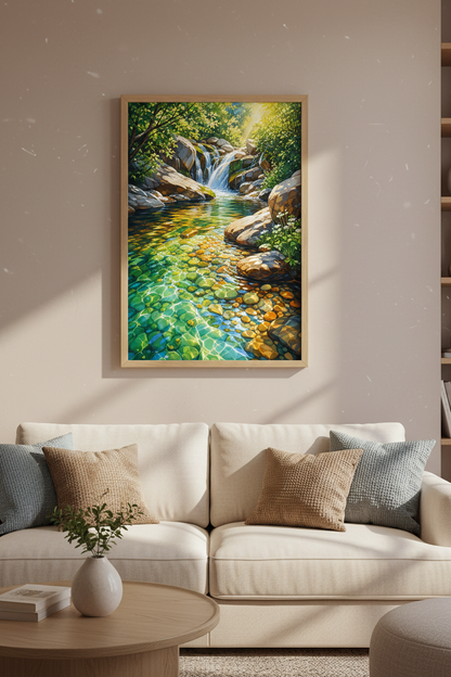 Waterfall Nature Wall Art | Forest Landscape Decor | Sunlit Stream Poster