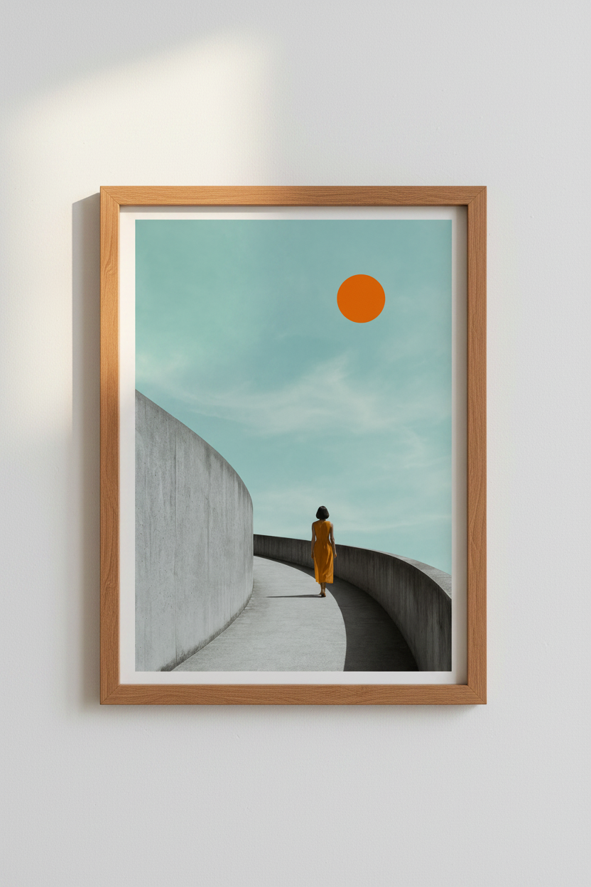 Minimalist Wall Art Print | Orange Dress Turquoise Sky Concrete Curve | Living Room Decor