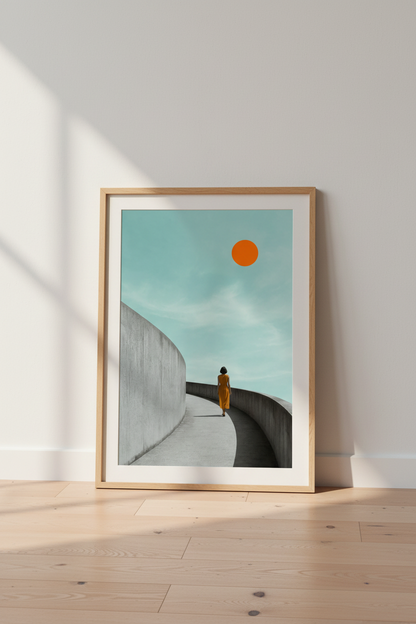 Minimalist Wall Art Print | Orange Dress Turquoise Sky Concrete Curve | Living Room Decor