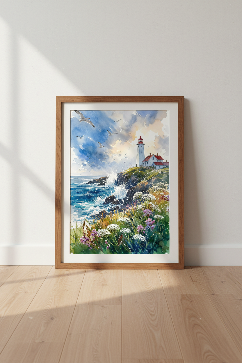 Lighthouse Watercolor Wall Art | Coastal Blue Seascape Print, Beach House Decor