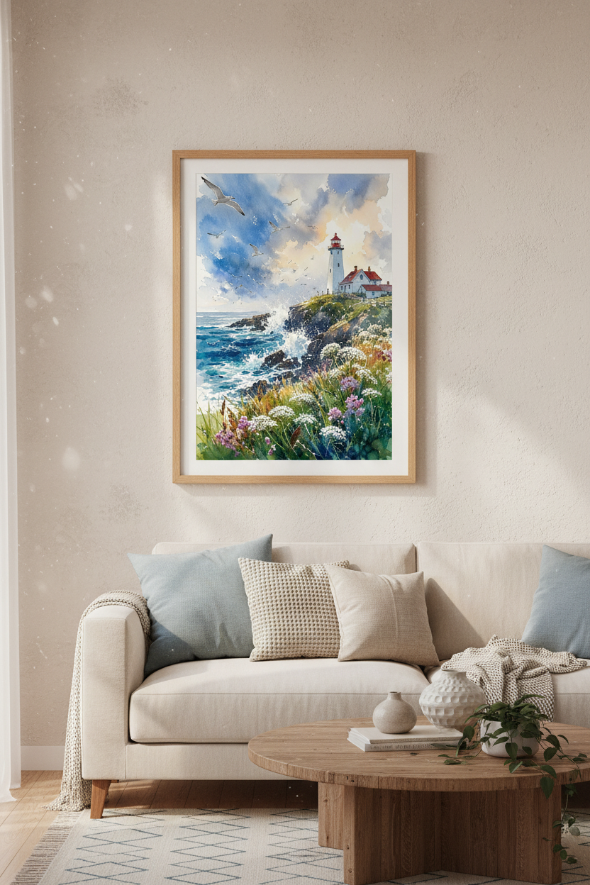 Lighthouse Watercolor Wall Art | Coastal Blue Seascape Print, Beach House Decor