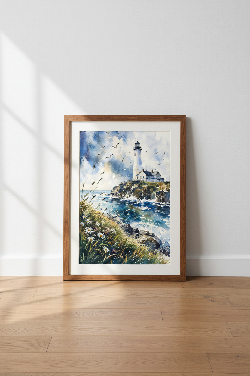Lighthouse Watercolor Wall Art | Blue Coastal Decor | Nautical Seascape Poster