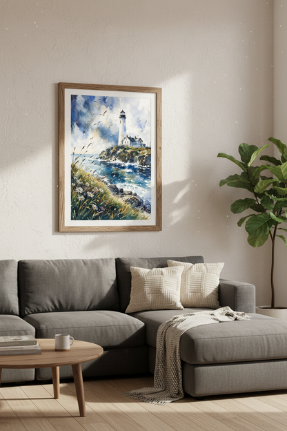 Lighthouse Watercolor Wall Art | Blue Coastal Decor | Nautical Seascape Poster