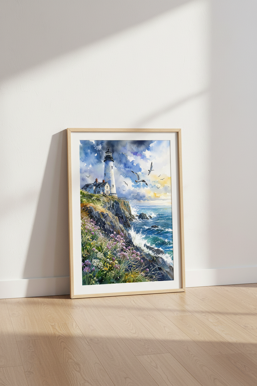 Lighthouse Watercolor Art Print | Coastal Wall Decor | Nautical Beach House Poster