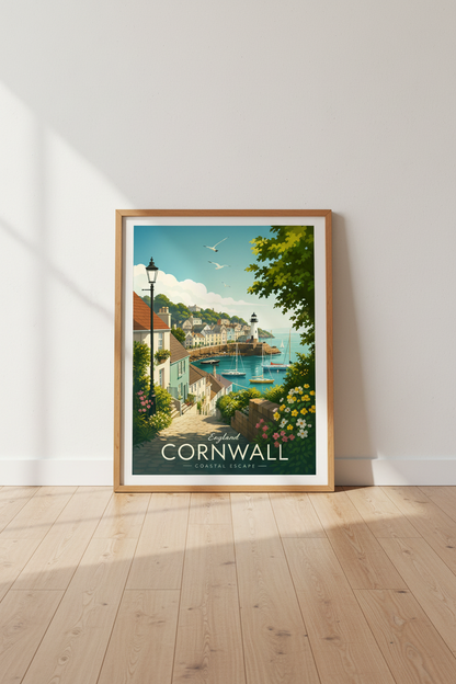Cornwall England Travel Poster | Coastal Seaside Wall Art, Lighthouse Decor