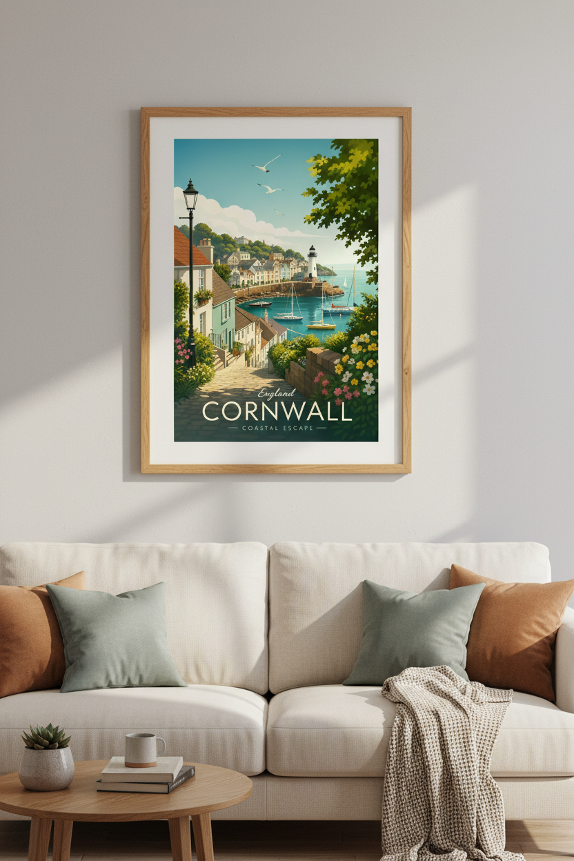 Cornwall England Travel Poster | Coastal Seaside Wall Art, Lighthouse Decor