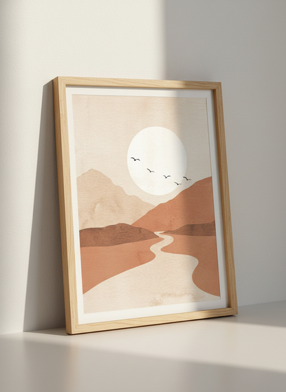 Boho Desert Mountain River Wall Art Print | Minimalist Living Room Decor | Earthy Landscape Poster | Abstract Sun &amp; Birds