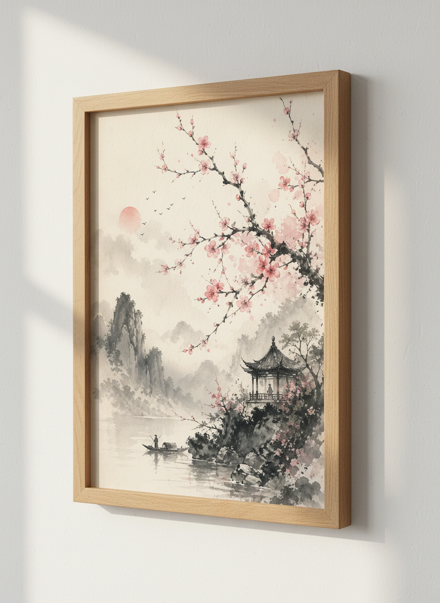 Asian Landscape Wall Art Print | Japanese Korean Zen Decor | Cherry Blossom Sumi-e Poster | Mountain Lake Housewarming Gift