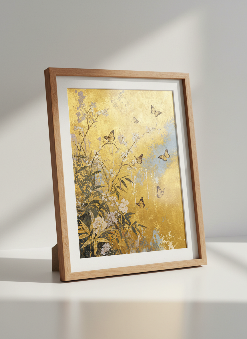 Chinoiserie Butterflies &amp; Flowers Art | Japanese Gold Wall Decor | Vintage Botanical