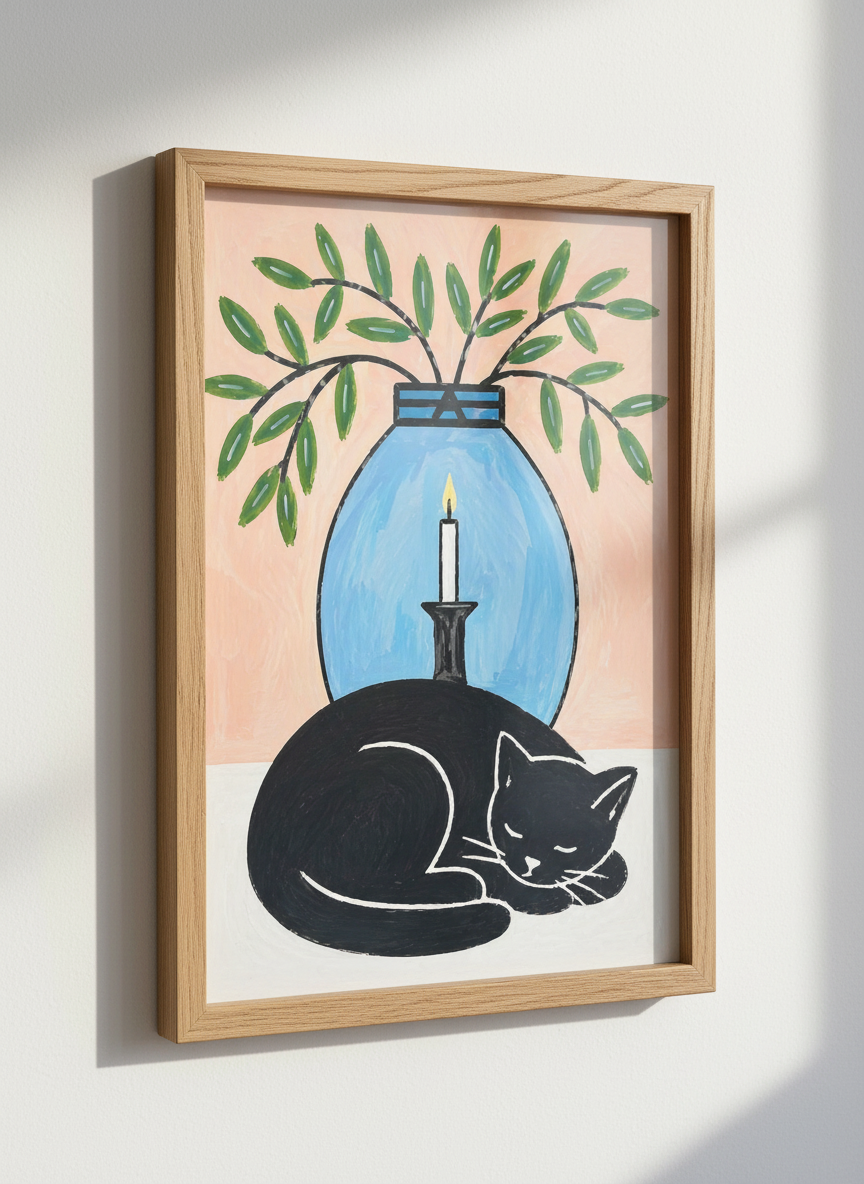 Folk Art Black Cat Wall Art Print | Cozy Home Decor | Whimsical Still Life Poster | Framed, Unframed, Digital Art