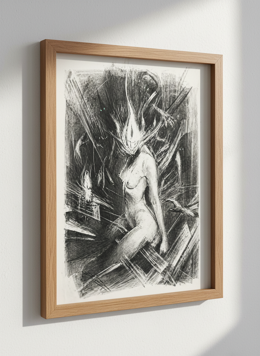 Dark Fantasy Nude Figure Art Print | Gothic Home Decor | Macabre Female Poster | Charcoal Sketch | Ethereal Cyberpunk Wall Art