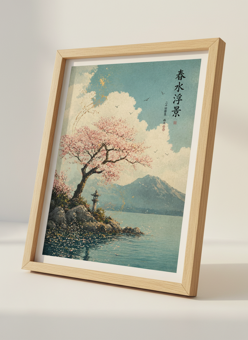 Japanese Cherry Blossom Lake Wall Art, Asian Landscape Print, Zen Decor, Pink Floral Art