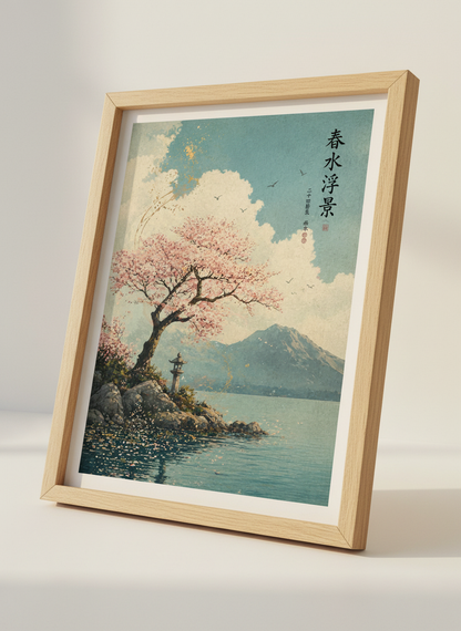 Japanese Cherry Blossom Lake Wall Art, Asian Landscape Print, Zen Decor, Pink Floral Art