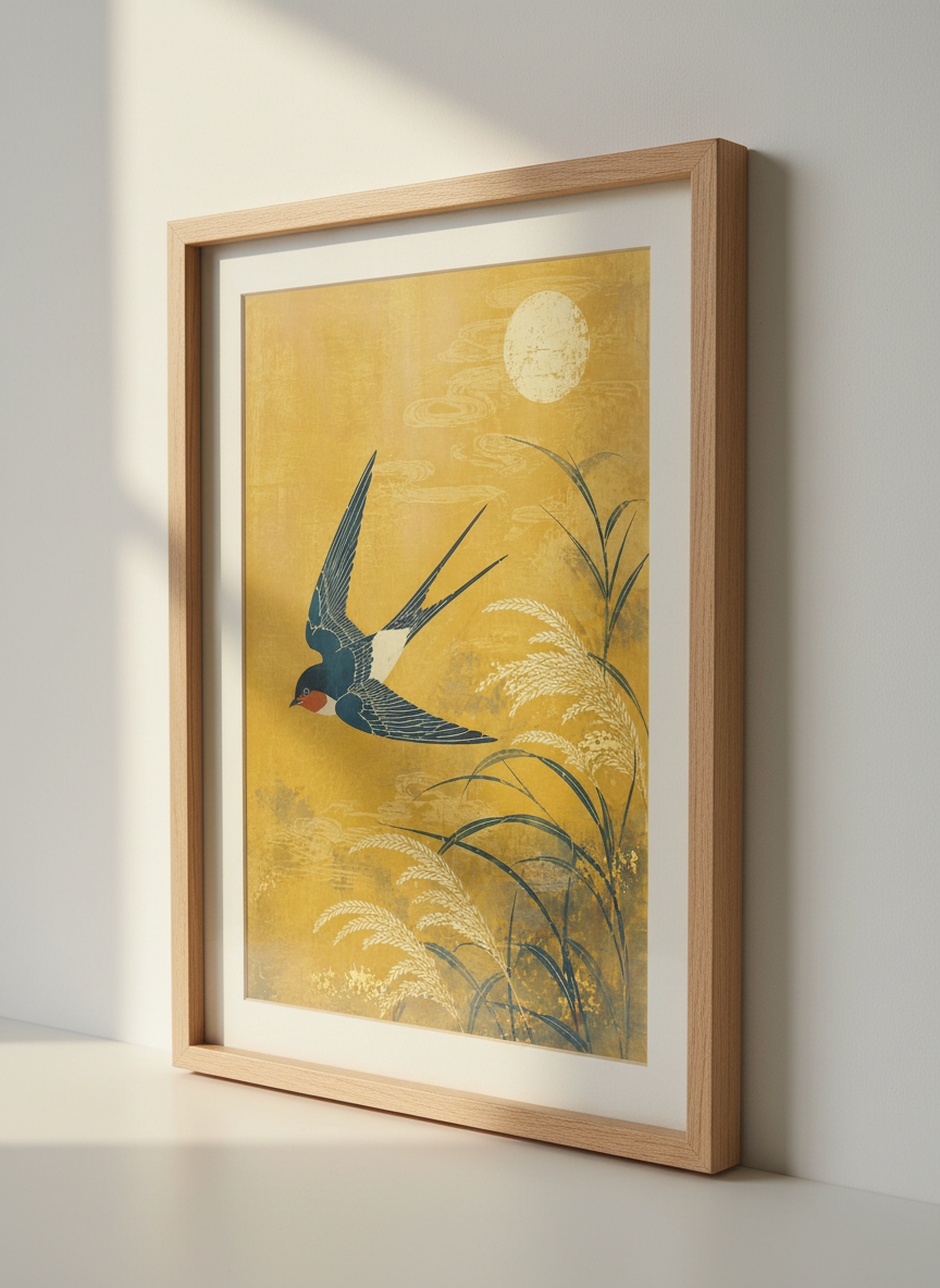 Japanese Swallow &amp; Moon Print | Ukiyo-e Style Art, Gold Yellow Decor