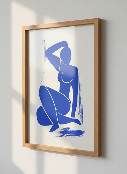 Minimalist Nude Figure Wall Art | Blue Abstract Woman Print, Bedroom Decor