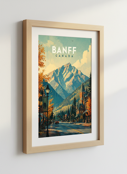 Banff Canada Travel Poster, Mountain Town Autumn Wall Art, Living Room Decor, Rustic Gift