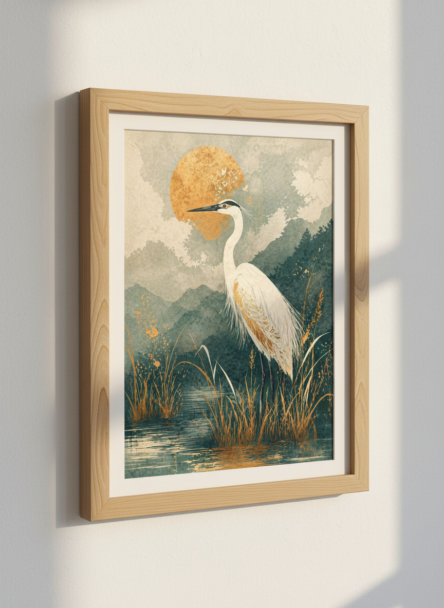 Zen Egret Wall Art Print | Japanese Crane Decor | Serene Nature Poster