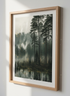 Misty Pine Forest Lake Art Print | Moody Landscape Wall Decor | Gold Brushstroke Poster