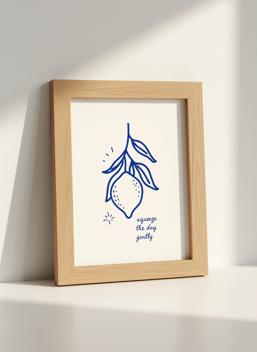 Lemon Line Art Print | Squeeze the Day Gently Wall Decor | Kitchen Quote Poster