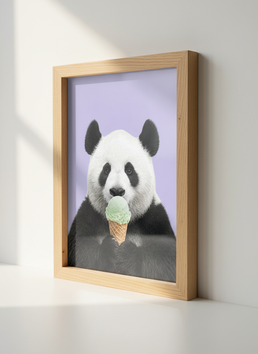 Cute Panda Eating Ice Cream Wall Art Print | Kids Room Decor | Whimsical Animal Poster | Unframed, Framed, Digital