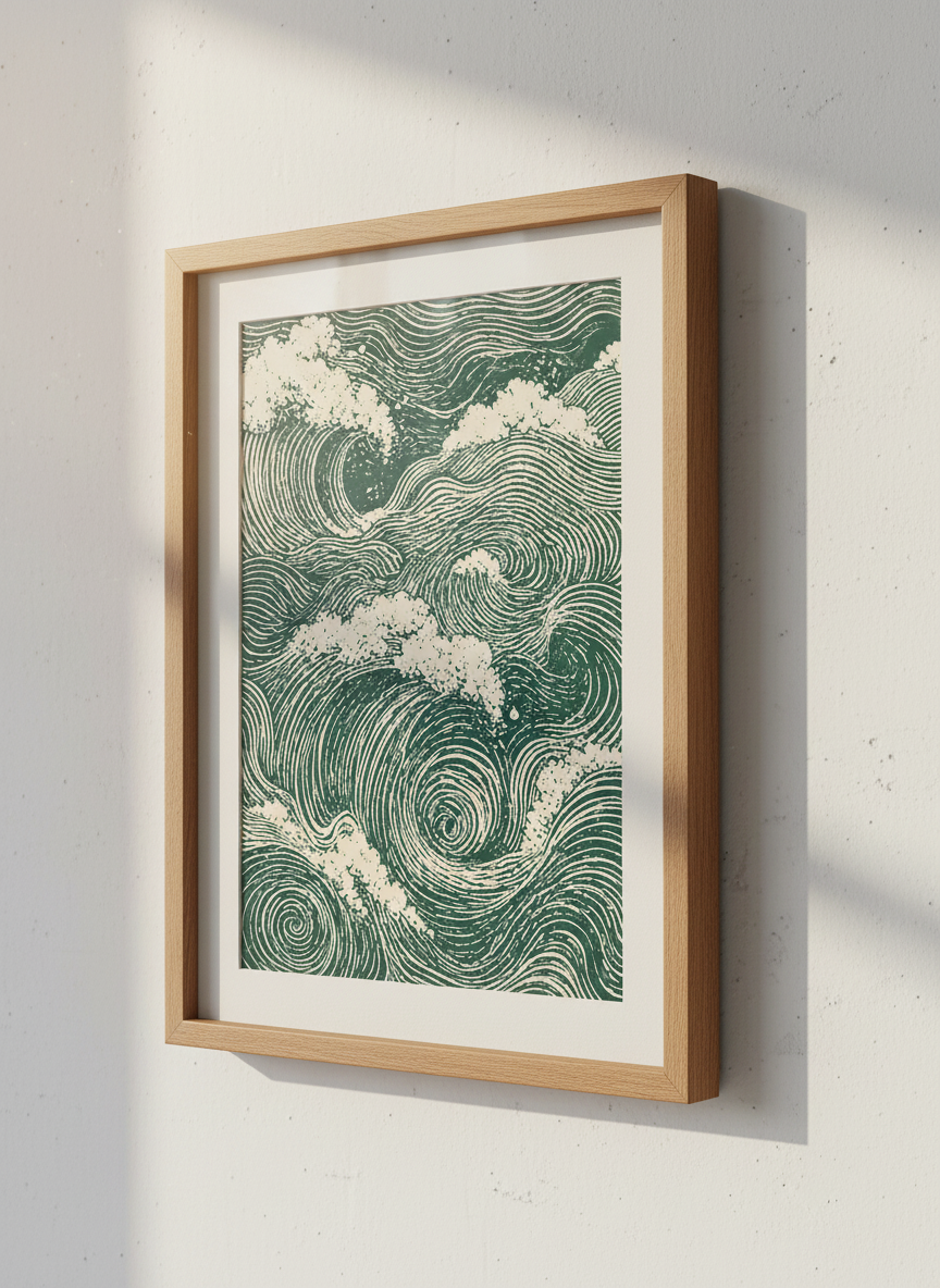 Japanese Wave Art Print | Green Ocean Waves Wall Decor | Coastal Aesthetic Poster