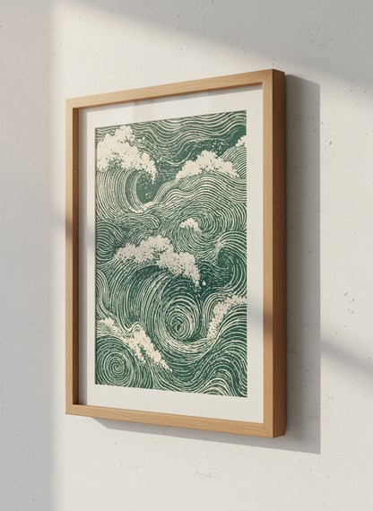 Japanese Wave Art Print | Green Ocean Waves Wall Decor | Coastal Aesthetic Poster