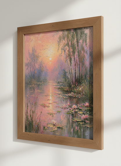 Water Lily Lake Sunset Painting | Serene Landscape Wall Art, Pink Pastel Decor