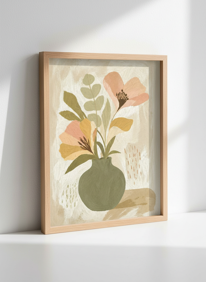 Minimalist Floral Still Life Wall Art | Sage Green Abstract Vase, Neutral Botanical Boho