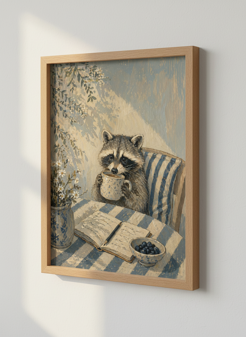 Charming Raccoon Art Print | Cozy Animal Decor | French Country Oil Painting Poster