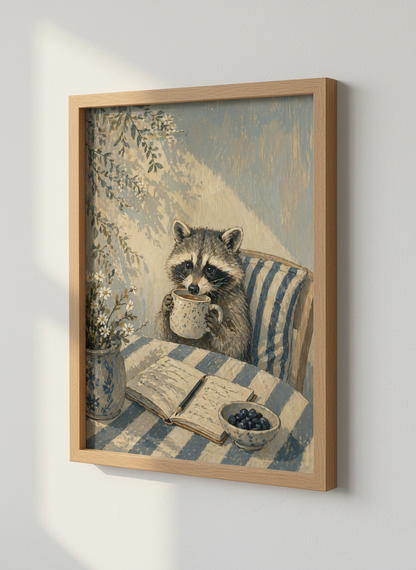 Charming Raccoon Art Print | Cozy Animal Decor | French Country Oil Painting Poster