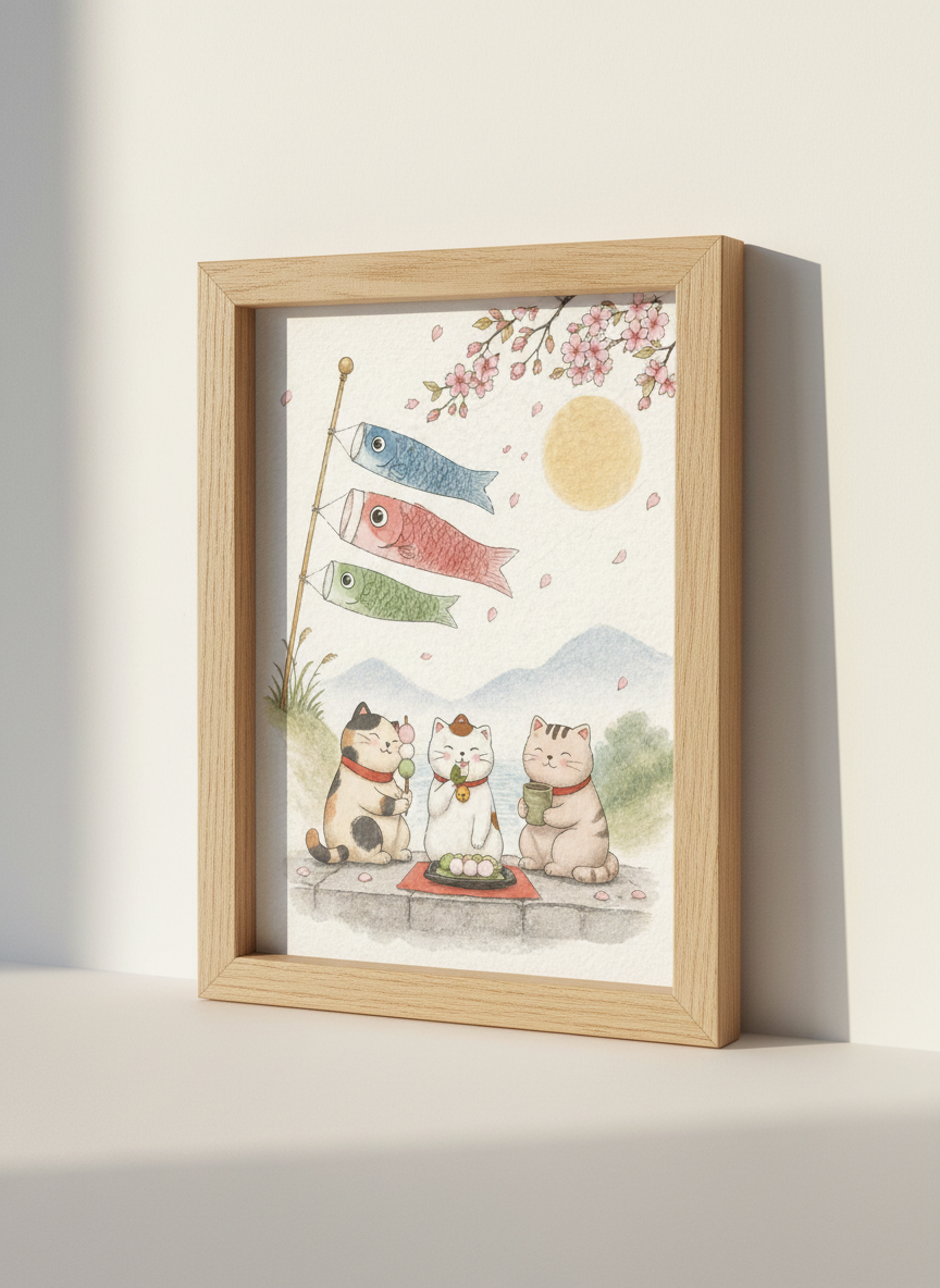 Kawaii Cat &amp; Koinobori Art Print | Japanese Aesthetic Decor | Anime Style Wall Art