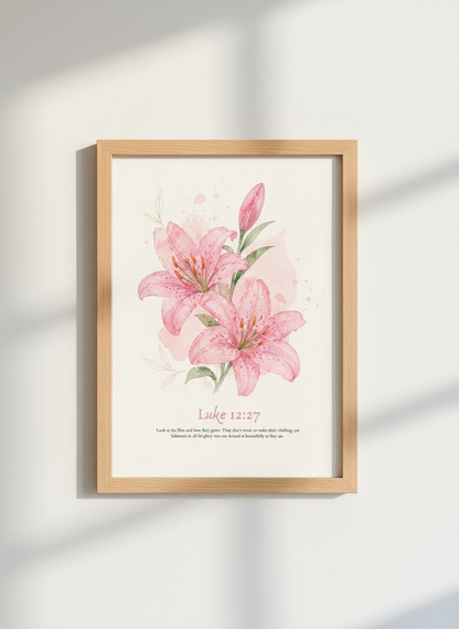 Pink Lily Watercolor Wall Art Print | Christian Bible Verse Decor | Botanical Poster