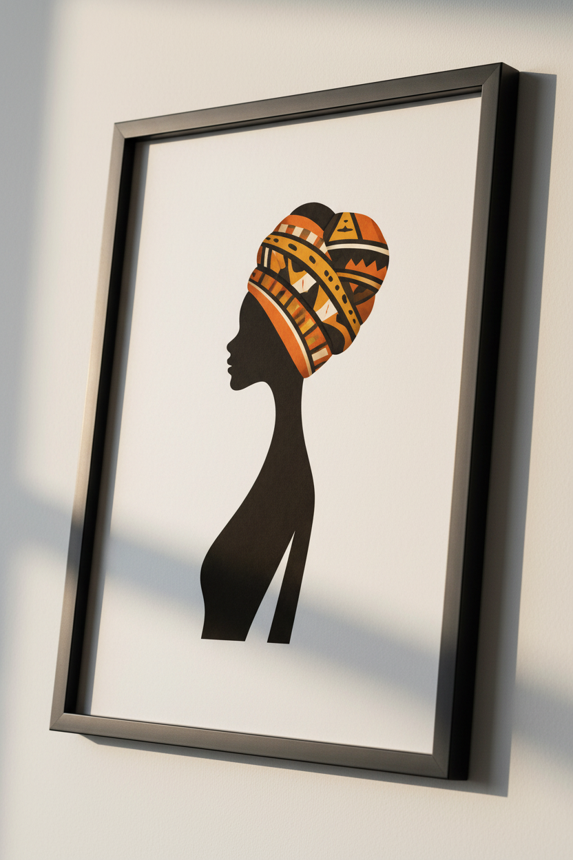 African Woman Portrait Wall Art | Ethnic Headwrap Print | Black Silhouette Home Decor | Abstract Boho Wall Hanging