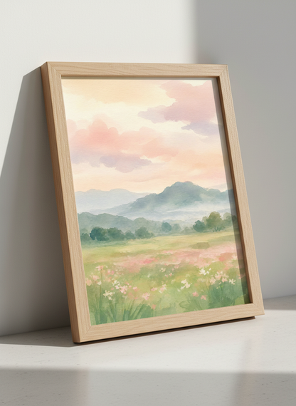 Watercolor Landscape Wall Art Print | Boho Bedroom Decor | Pastel Mountain Meadow Poster | Calming Nature Field Painting