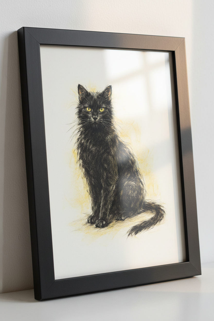 Black Cat Art Print, Fluffy feline Wall Art, Green Eyes Poster, Animal Home Decor, Framed Cat Drawing, Pet Lover Gift