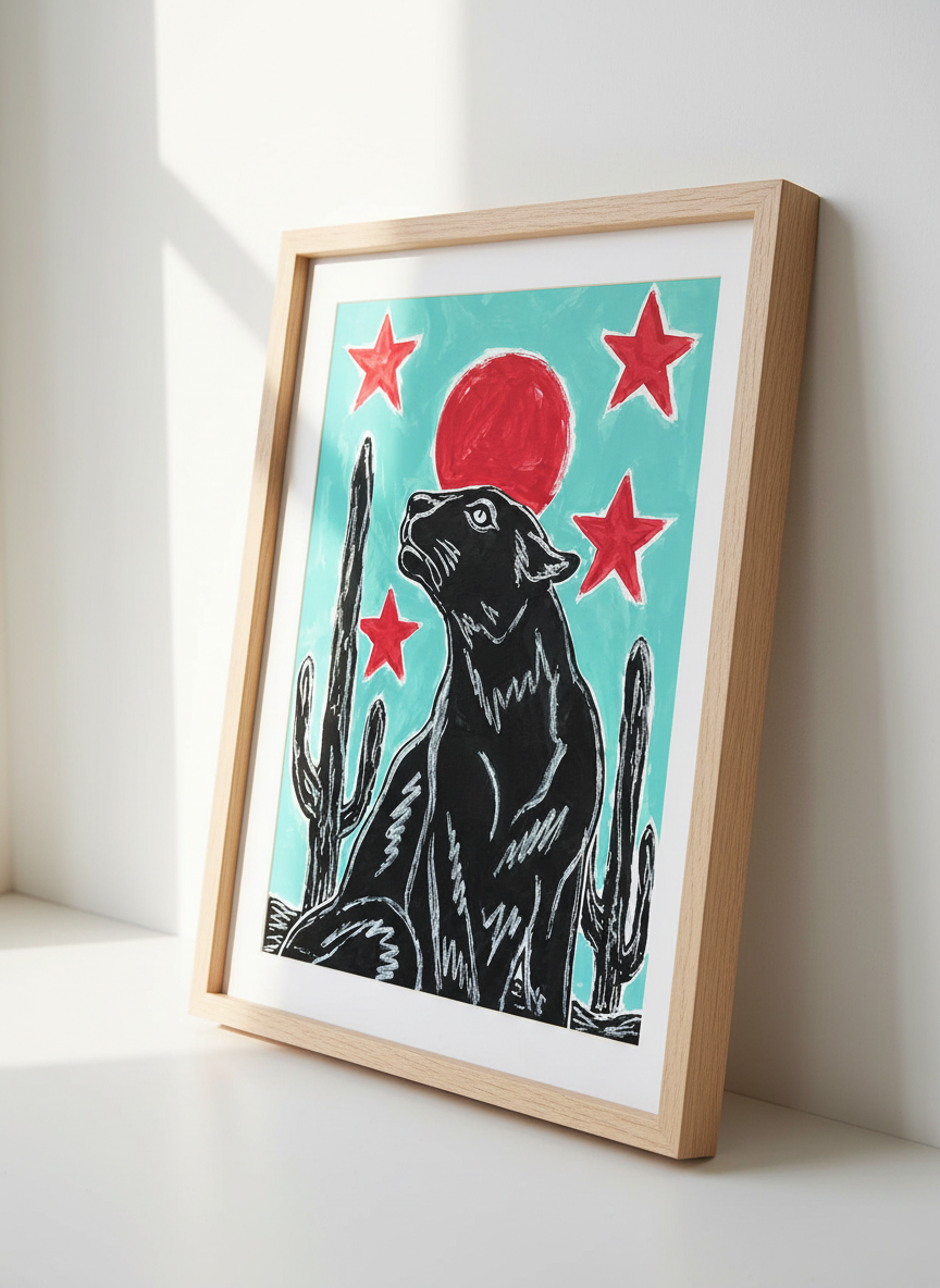 Pop Art Panther Wall Art Print | Boho Living Room Decor | Eclectic Southwest Poster | Red Moon Cactus | Black Cat Art Gift
