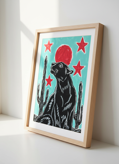 Pop Art Panther Wall Art Print | Boho Living Room Decor | Eclectic Southwest Poster | Red Moon Cactus | Black Cat Art Gift