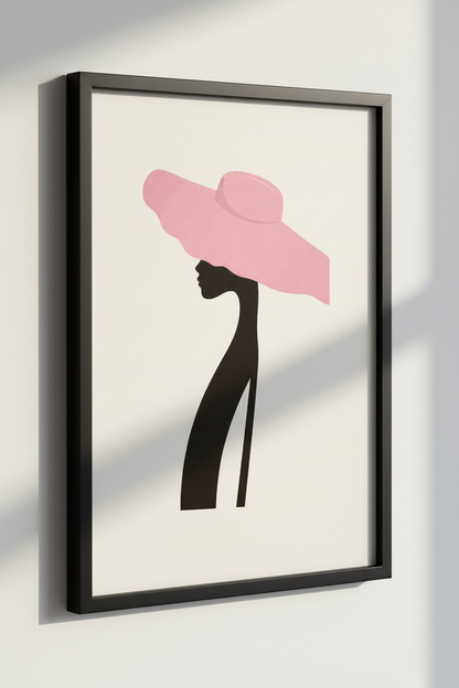 Minimalist Woman with Pink Hat Wall Art | Abstract Fashion Print | Modern Home Decor Poster | Elegant Portrait Wall Hanging