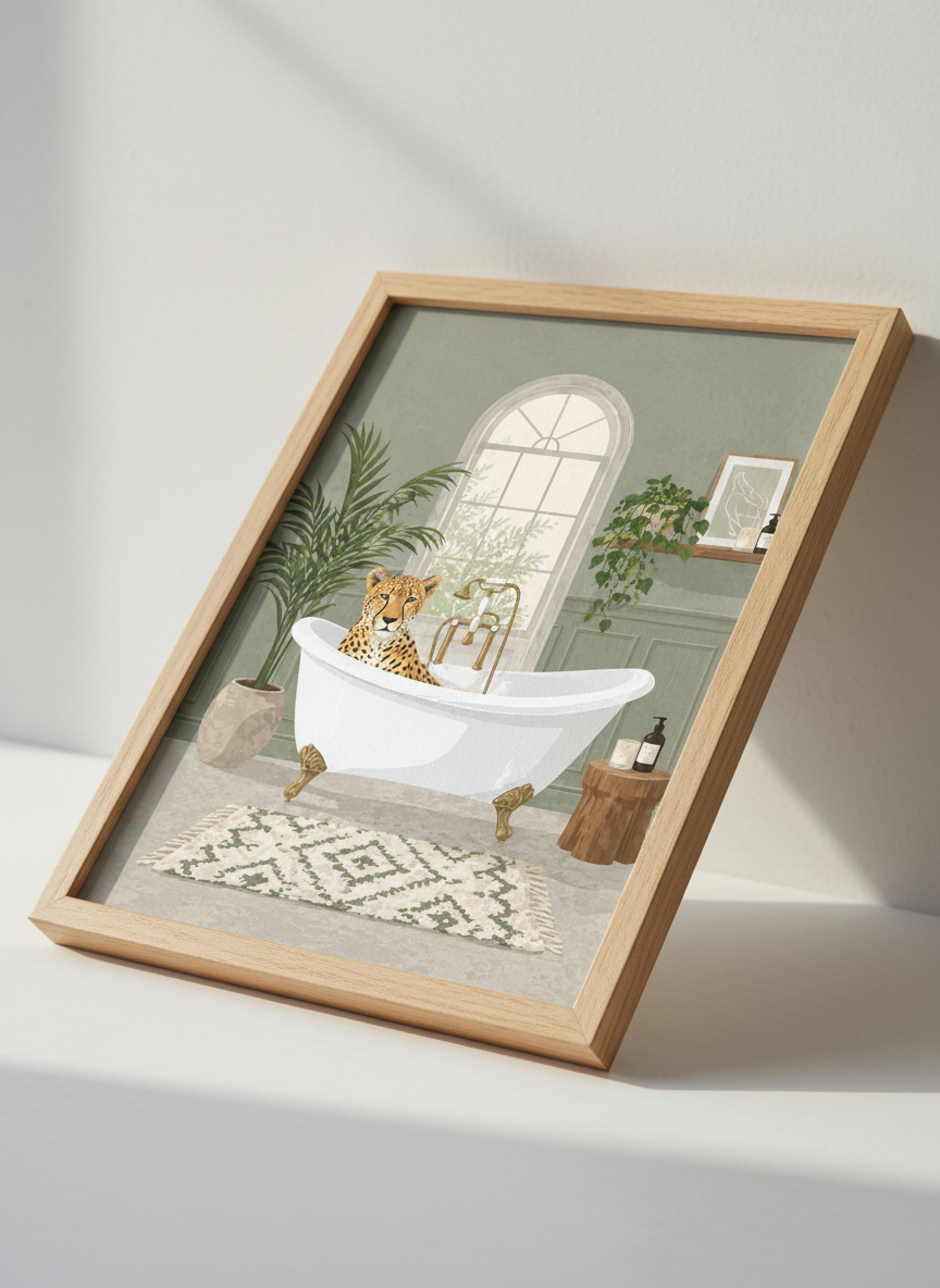 Bohemian Cheetah Bathtub Wall Art Print | Boho Bathroom Decor | Eclectic Animal Poster | Muted Green Wall Art