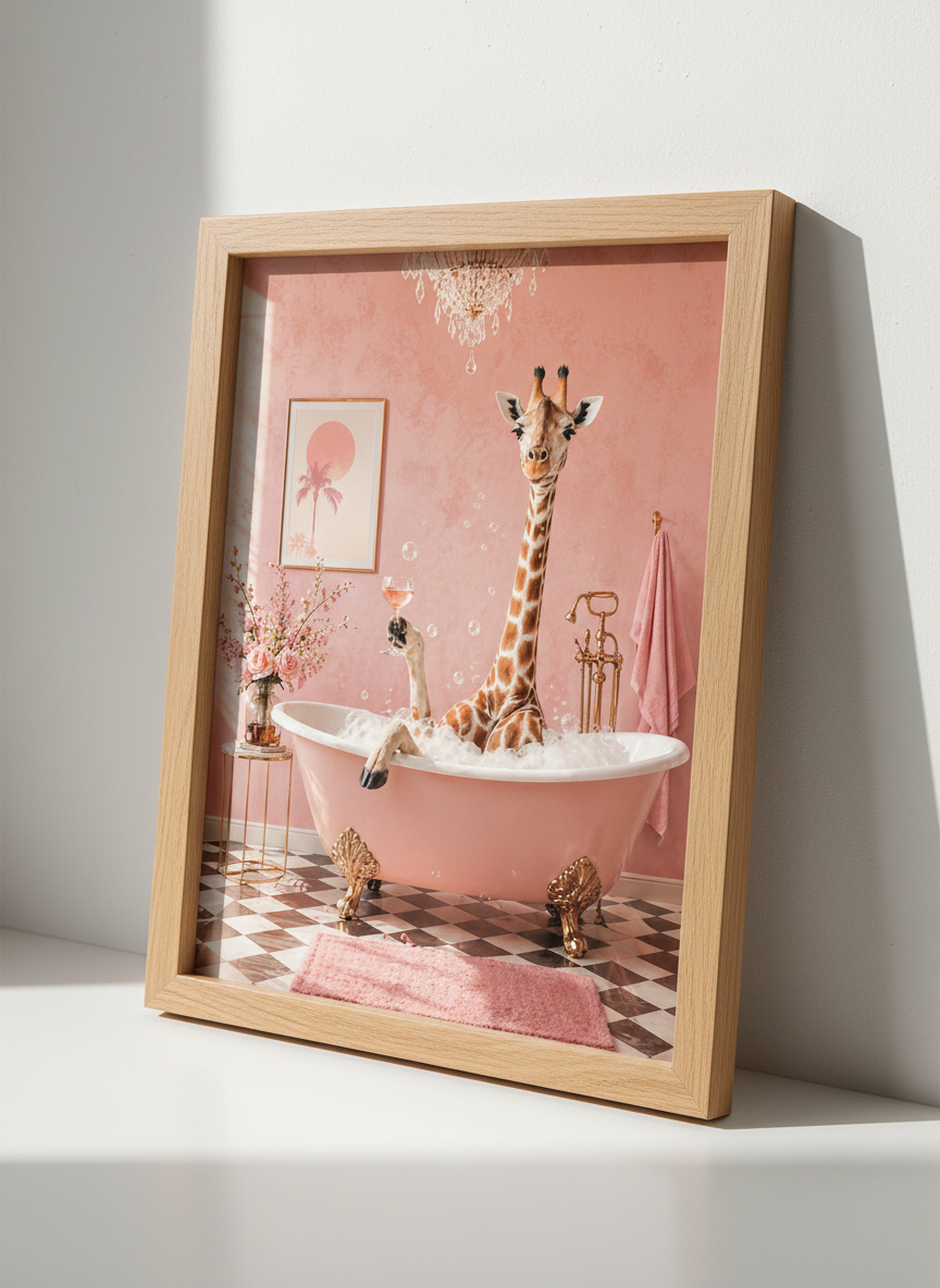 Giraffe in Bathtub Art | Pink Bathroom Decor, Whimsical Animal | Glam Poster Print