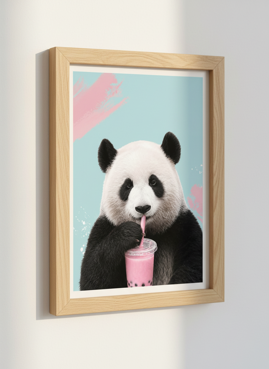 Panda Boba Tea Wall Art | Cute Animal Print, Kids Room Decor | Aesthetic Poster