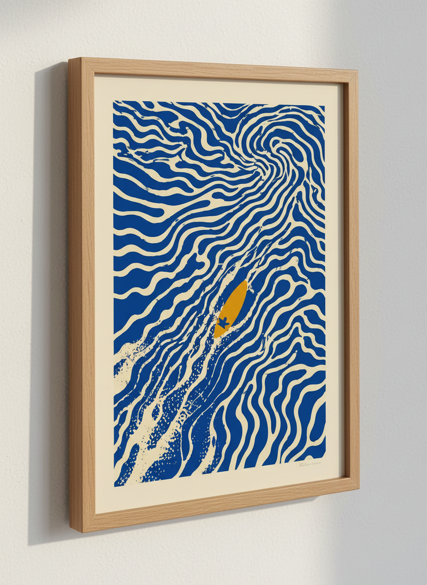 Surfer on Waves Art | Ocean Surf Poster, Beach House Decor | Coastal Blue Print