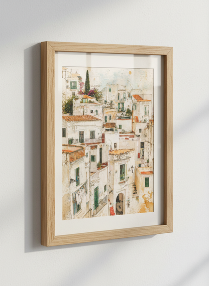 Mediterranean Village Watercolor Art | Italian Coastal Town Decor | European House Print