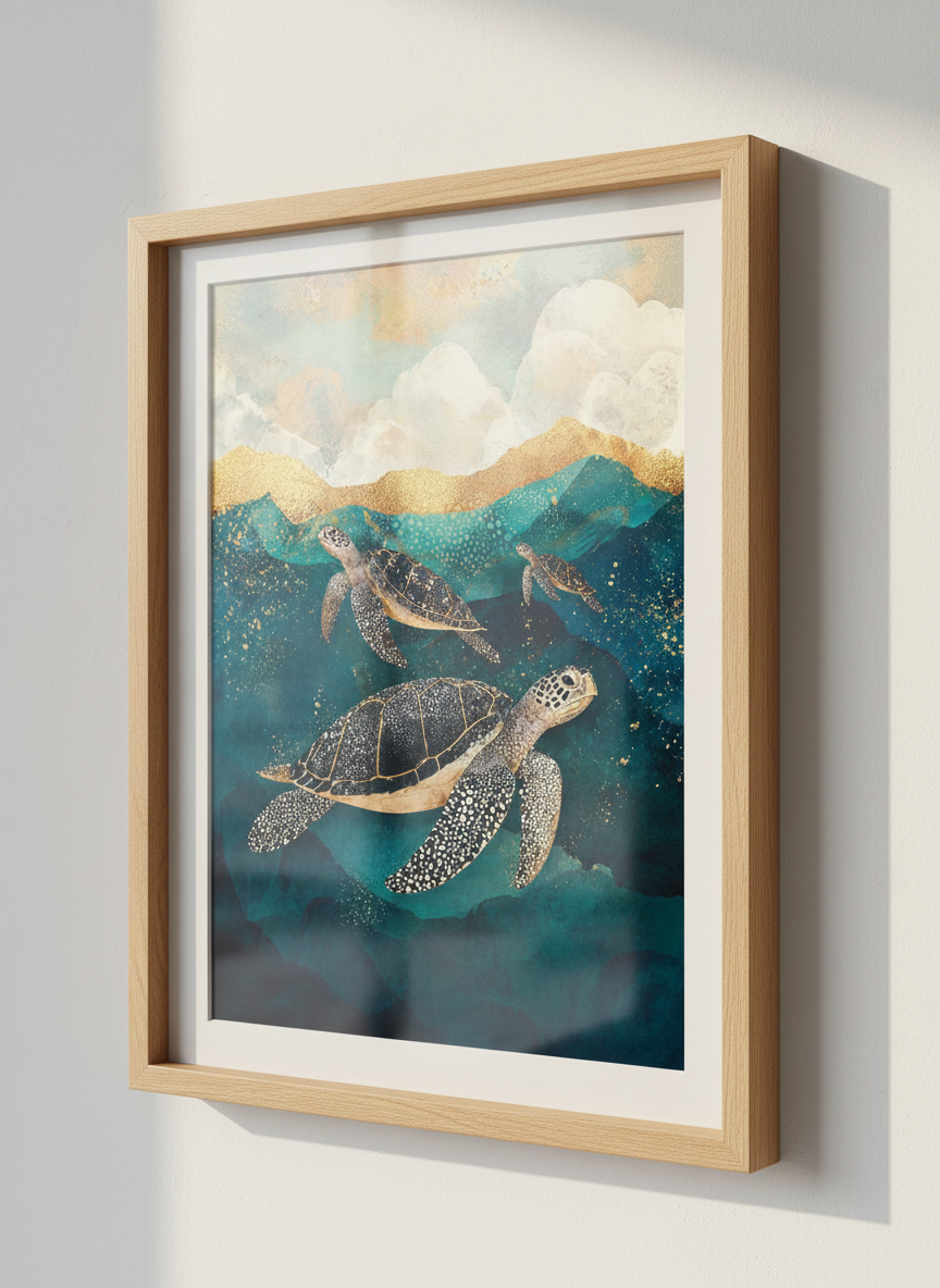 Abstract Ocean Turtle Wall Art Print | Coastal Bathroom Decor | Gold Teal Aqua Marine Boho Nursery Poster | Seashell Beach House