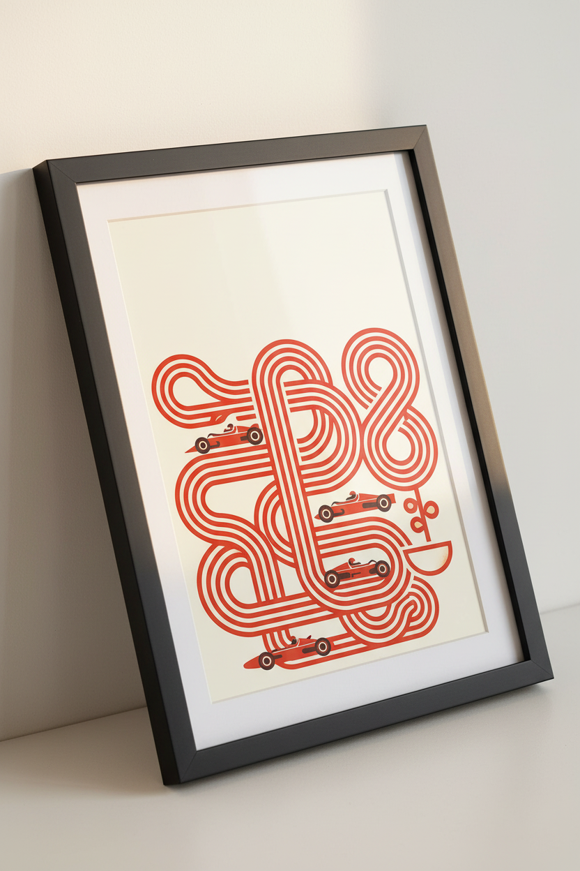 Retro Racing Car Wall Art, Abstract Race Track Poster Print, Mid-Century Modern Home Decor, Red &amp; Cream Art Print, Speed Enthusiast Gift