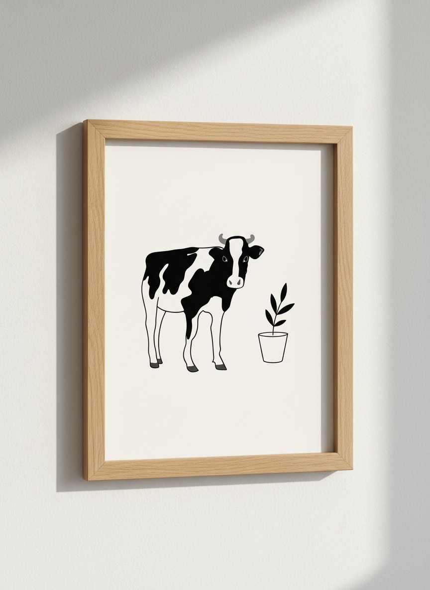 Minimalist Holstein Cow Wall Art Print | Farmhouse Kitchen Decor | Neutral Animal Abstract Poster | Digital Download Available