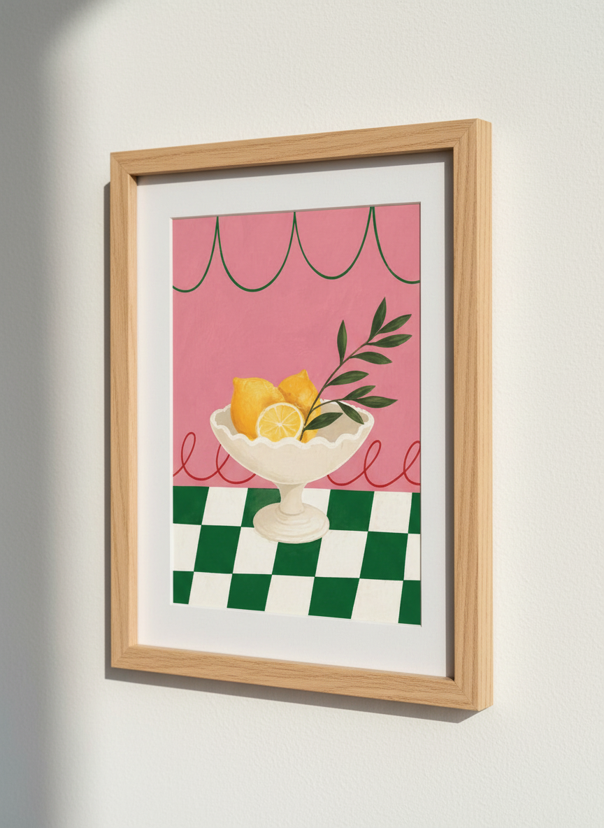 Retro Lemon Wall Art Print | Kitchen Decor | Whimsical Fruit Poster | Pink &amp; Green Eclectic Decor | Digital &amp; Physical Options