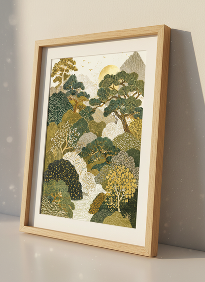 Zen Forest Landscape Wall Art | Japanese Nature Decor, Gold Green Art Print