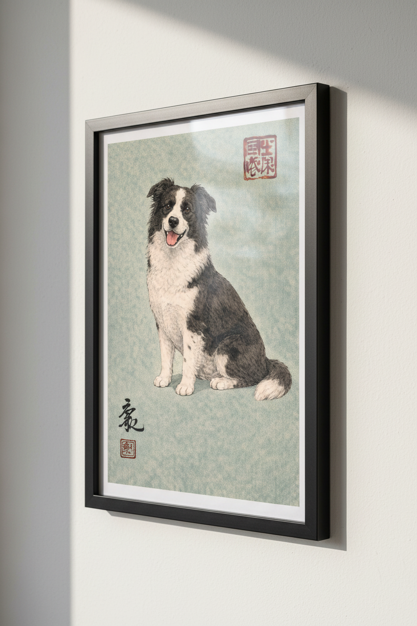 Japanese Ukiyo-e Border Collie Art Print | Dog Lover Gift | Pet Memorial Wall Decor | Asian Aesthetic Poster | Animal Home Art