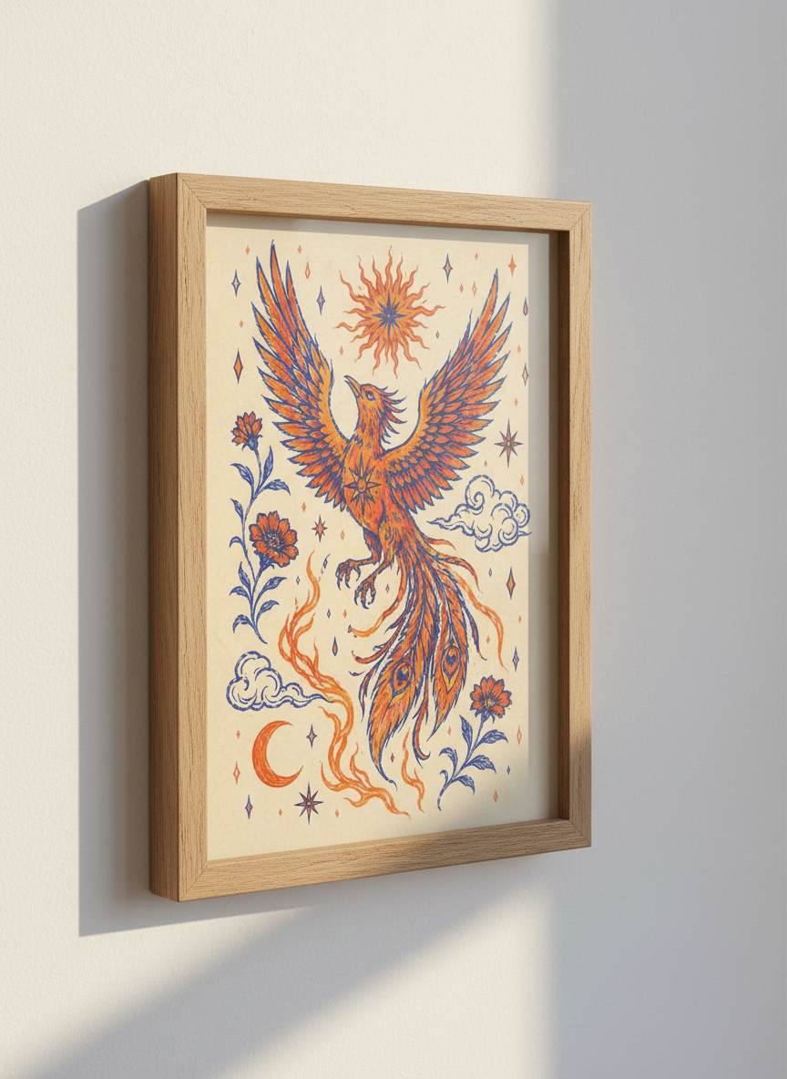 Phoenix Rise Wall Art Print | Celestial Decor | Blue Orange Spiritual Poster